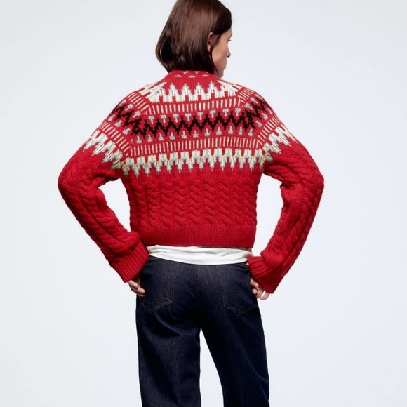 ZARA WOOL CABLE KNIT JACQUARD SWEATER RED - Picture 11 of 15